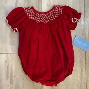 NWT Charming Little One Vibrant Red Corduroy Smocked Bubble Romper, girls 6M